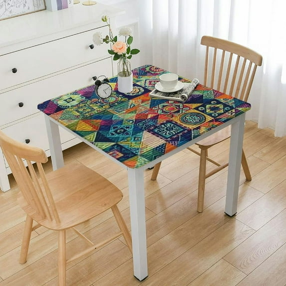 BANET Elastic Tablecloth Square Fits Square Tables, Waterproof Fitted Table Cloth, Polyester Wipeable Table Cover for Picnic Party White