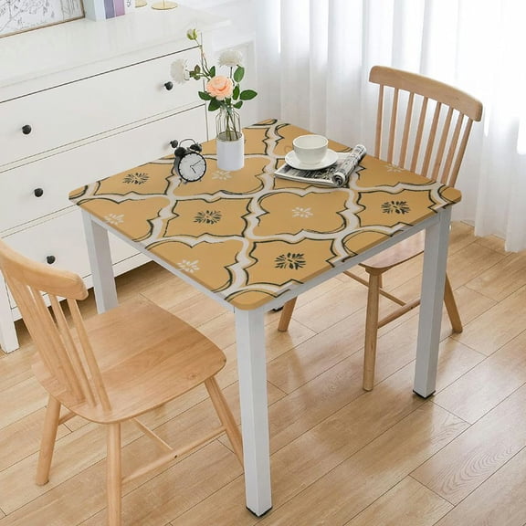 BANET Encasa Homes Cotton Printed Tablecloth for Square Dining Table. Machine Washable, Durable - Peach Tiles white