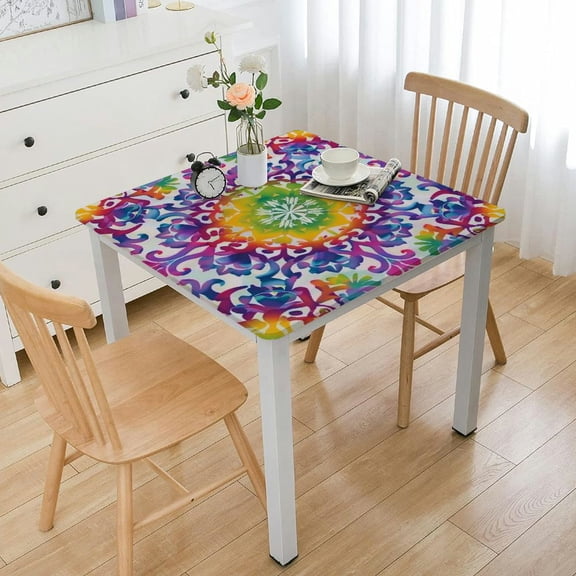 BANET  Ethnic Tablecloth, Abstract Ombre Vivid Rainbow Colored Mandala Tie Dye Effect Flower Hippie Print, Rectangular Table Cover for Dining Room Kitchen Decor White