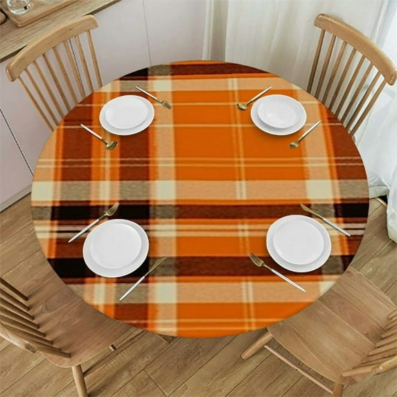 BANET Fall Orange Round Table Cloth Fashionable Check Plaid Tablecloth Autumn Rustic Farmhouse Reusable Circle Grid Table Cover for Picnic Party Home Dining Room Indoor Outdoor Decor 38"-42