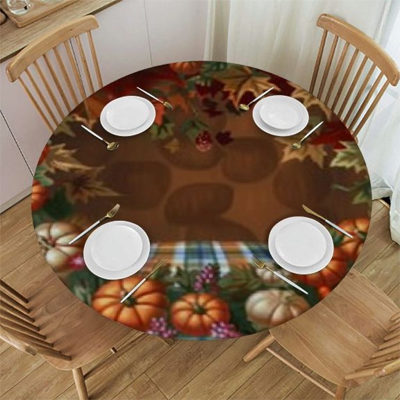BANET Fall Pumpkin Round Tablecloth, Autumn Maple Leaves Circle Table Cloth, Brown Buffalo Decorative Table Cover for Kitchen Dining Indoor Outdoor Holiday Farmhouse, Waterproof Reusable 31"-35