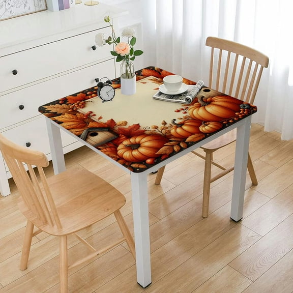 BANET Fall Pumpkin Square Table Cloth Fitted Tablecloth, Table Cover with Table Cloth,Thanksgiving Table Covers for Kitchen Indoor White
