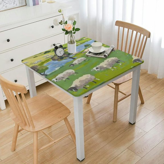 BANET  Farm Animal Square Tablecloth, Cartoon with Sad Sheep in Forest with Trees and Pond, Circle Table Cloth Cover for Dining Room Kitchen Decoration White