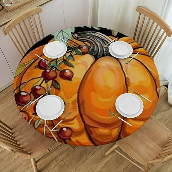 BANET Fitted Round Tablecloth Autumn, Thanksgiving Maple Oak Berries Pumpkins Table Cover,Elastic Edged Table Cloth Fits Round Tables 38"-42