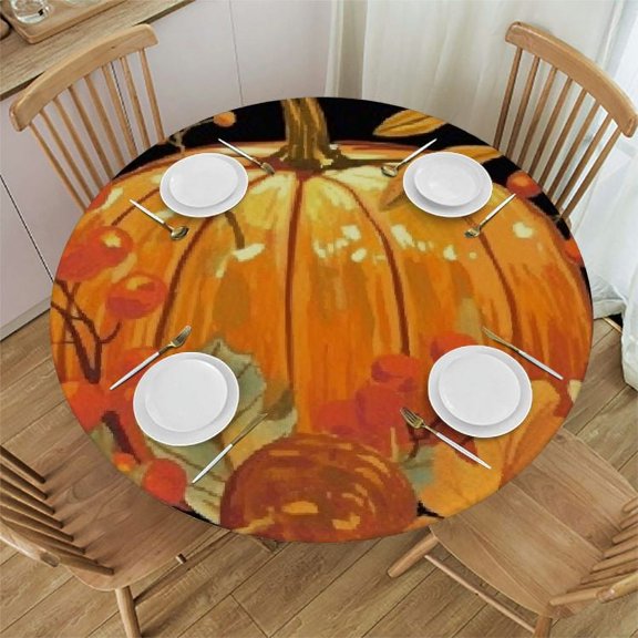 BANET Fitted Round Tablecloth Autumn, thanksgiving maple oak berries pumpkins Table cover,Elastic Edged Table Cloth Fits Round Tables 31"-35