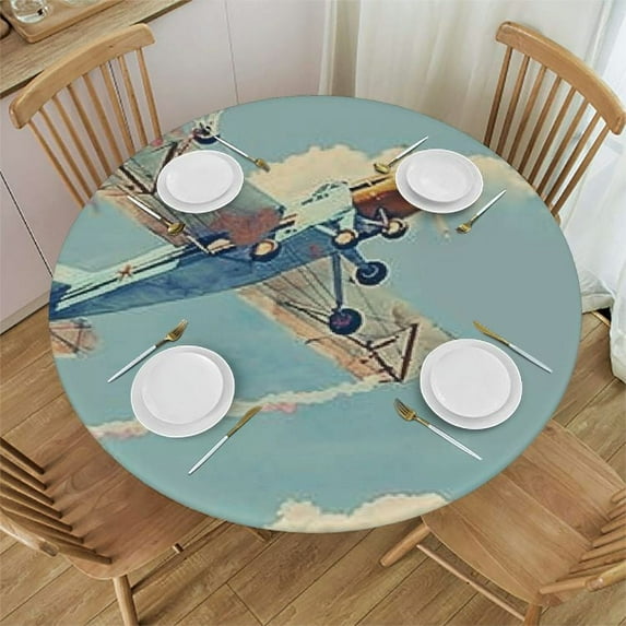 BANET Fitted Round Tablecloth Cartoon Airplane, Aviation Flags Clouds Blue Sky Table Cover,Elastic Edged Table Cloth Fits Round Tables 54"-58