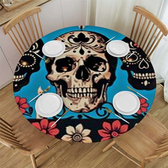 BANET Fitted Round Tablecloth Day of The Dead, de moertos Colorful Mexican Flowers Skulls Halloween Table Cover,Elastic Edged Table Cloth Fits Round Tables 31"-35