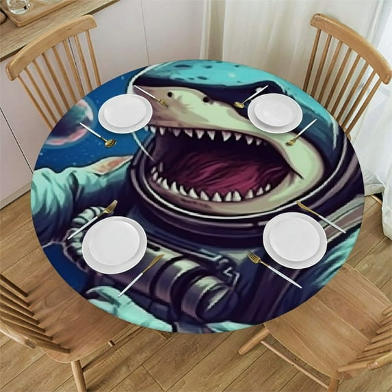 BANET Fitted Round Tablecloth Funny Space,Astronauts Ride a Shark in Space Planets Table Cover,Elastic Edged Table Cloth Fits Round Tables 42"-46
