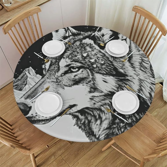 BANET Fitted Round Tablecloth  Galaxy Wolf,Geometric Wolf Head Moon Night Sky Table Cover,Elastic Edged Table Cloth Fits Round Tables 54"-58
