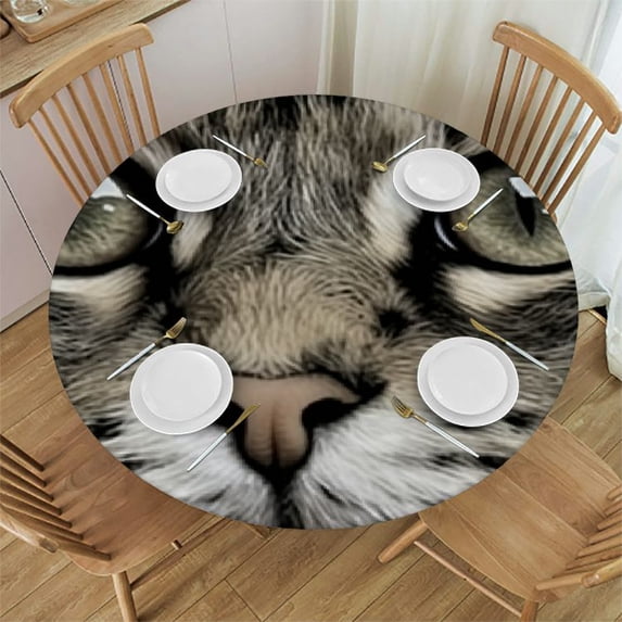 BANET Fitted Round Tablecloth Gray Cat, Kitten face Head White Table Cover,Elastic Edged Table Cloth Fits Round Tables 31"-35
