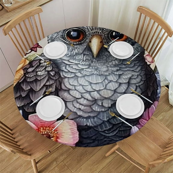BANET Fitted Round Tablecloth Gray Owl, Pink Purple Flowers Cute Animal Table Cover,Elastic Edged Table Cloth Fits Round Tables 42"-46