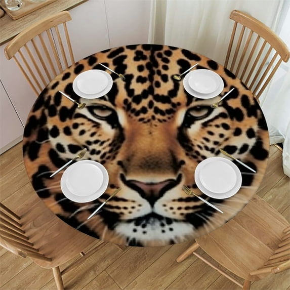 BANET Fitted Round Tablecloth Leopard, Animal Skin Print Brown Table Cover,Elastic Edged Table Cloth Fits Round Tables 31"-35