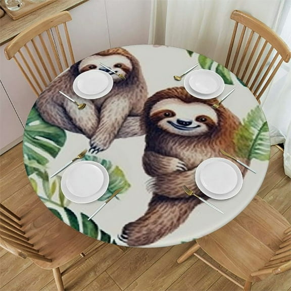 BANET Fitted Round Tablecloth  Sloths,Cute Palm Tree Leave Flower Mother Table Cover,Elastic Edged Table Cloth Fits Round Tables 31"-35