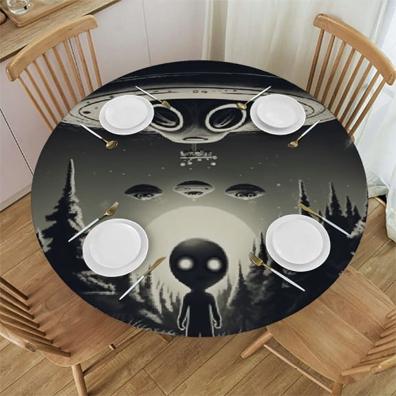 BANET Fitted Round Tablecloth Vintage Alien,Sweet UFO Cloud Spaceship Table Cover,Elastic Edged Table Cloth Fits Round Tables 38"-42