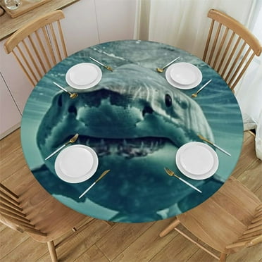 BANET Fitted Round Tablecloth ,White Shark Animal Table Cover,Elastic Edged Table Cloth Fits Round Tables 38"-42