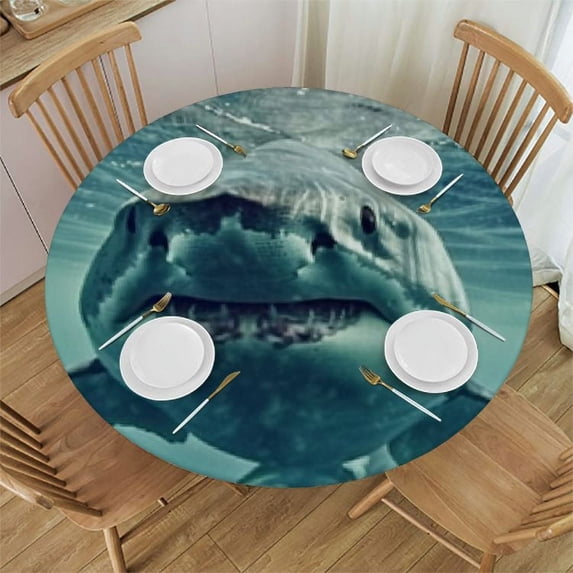BANET Fitted Round Tablecloth ,White Shark Animal Table Cover,Elastic Edged Table Cloth Fits Round Tables 42"-46
