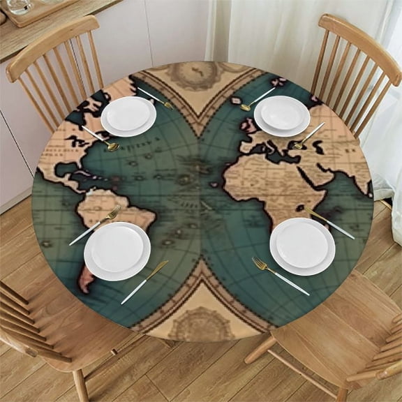 BANET Fitted Round Tablecloth, World Map Elastic Edged Polyester Table Cover, The World in Vintage Old Map Design Print Fitted Table Pad, Fits Round Tables 54"-58