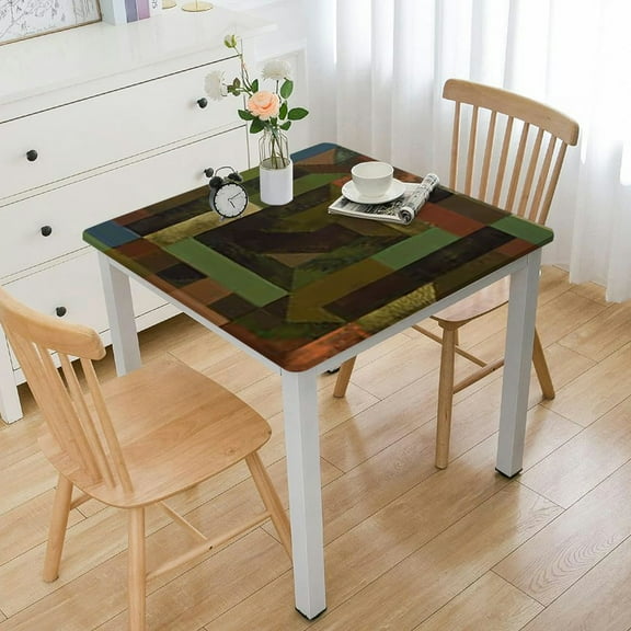 BANET Fitted Square Table Cover, Geometric Abstract Camouflage Print Vinyl Rectangle Tablecloth, Elastic Edge Waterproof Wipeable Washable Stretch Square Table Cover White