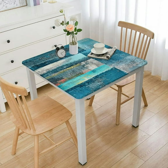 BANET Fitted Square Table Cover, Turquoise and Grey Abstract Art Painting Teal Vinyl Rectangle Tablecloth, Elastic Edge Waterproof Wipeable Washable Stretch Square Table Cover White