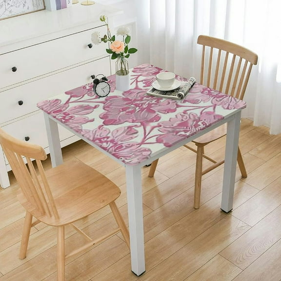 BANET Fitted Square Tablecloth, Decor Elastic Edged Polyester Table Cover,Geometric Ornamental Square Print Print Fitted Table Pad, Fits Square Tables, for Summer Autumn white