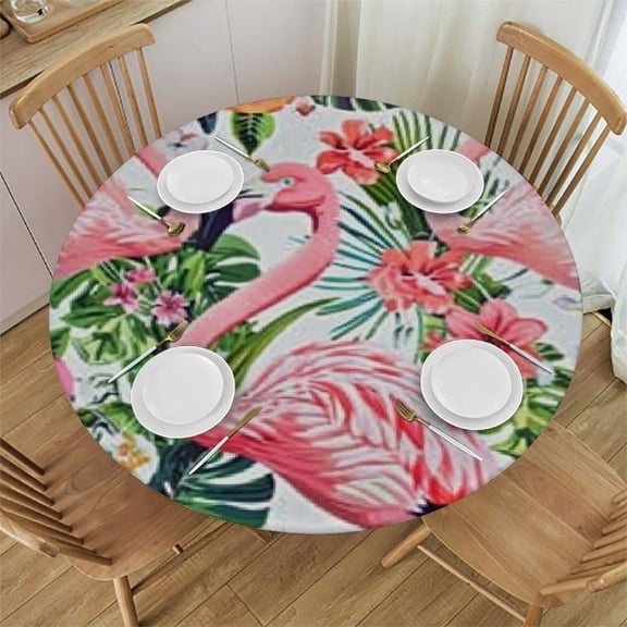 BANET Flamingo Tablecloth Round Spring Summer Floral Table Cloth Tropical Green Leaf Flower Decorative Table Cover with Wrinkle Resistant for Home Kitchen Dining Table Indoor Party Picnic 42"-46
