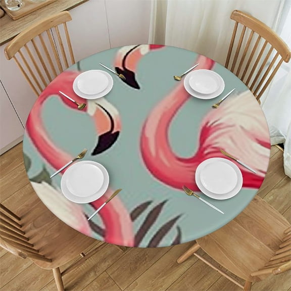 BANET Flamingo and Palm Leaf Tablecloth Round Table Cloth Tropical Elegant Pink Bird Romantic Table Cover for Dining Room Kitchen Decoration 54"-58
