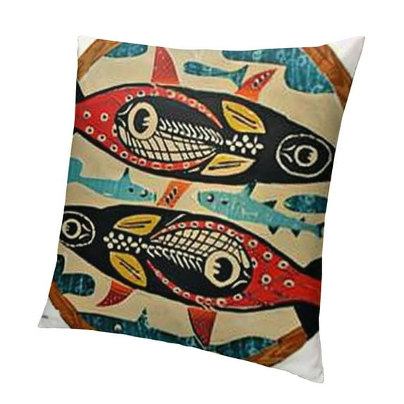 BANET Flax Throw Pillow Cover Spawning Fish Haida Indian Fishing Pillowcase Square Pillow Case 18x18in