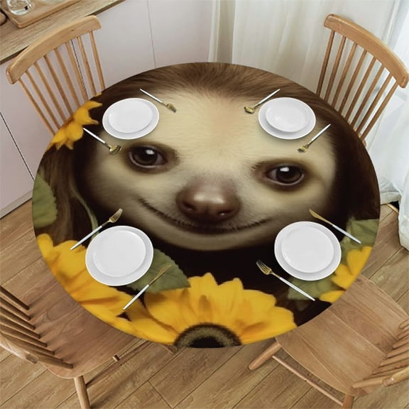 BANET Floral Sunflower Sloth Fitted Round Tablecloth Waterproof Table Cloth with Elastic Edge Wipe Clean Table Cover for Indoor Outdoor 38"-42