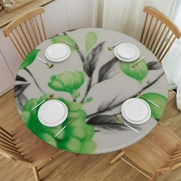 BANET Floral Tablecloth Round, Flower Decoration Table Cloth for Spring Summer, Waterproof Fabric Table Cover for Kitchen, Dining Room, Party, Picnic, Camping, Green 31"-35