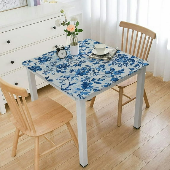 BANET Flower Print Square Tablecloth, Machine Washable Cotton Linen Farmhouse Decor Table Cloth, Indoor Outdoor Table Cover for Daily Use - Blue Flower white