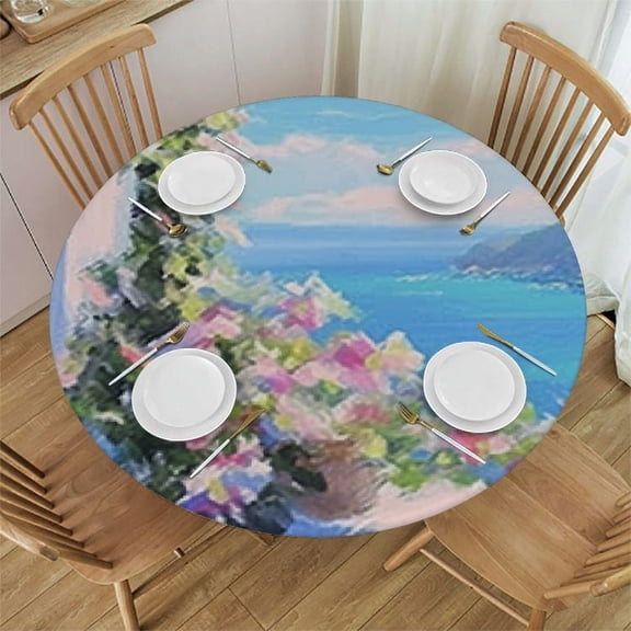 BANET Flower Round Fitted Tablecloth Cover,Blossoms Poppies in Field in Spring Seasonal Print Elastic Edged Polyester Fitted Table Pad, Large, Fit Round Tables for Party Dining Banquet 38"-42