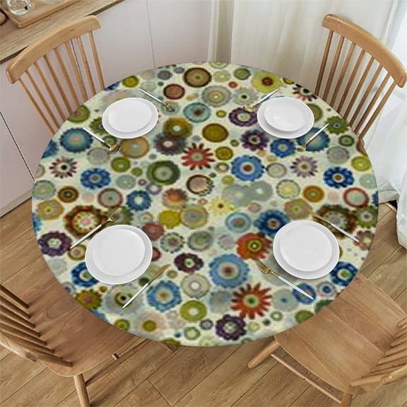 BANET Flower Round Fitted Tablecloth Cover,Blue Wildflowers Shapes Print Elastic Edged Polyester Fitted Table Pad, Large, Fit Round Tables, for Party Dining Banquet, Multi 31"-35