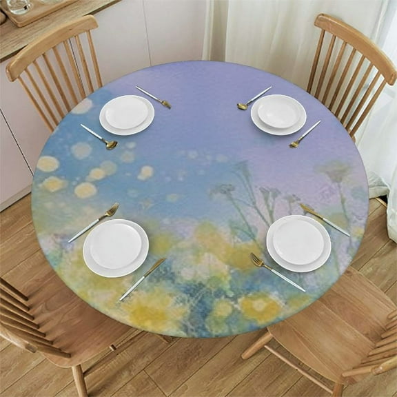 BANET Flower Round Fitted Tablecloth Cover,Chamomile and Dandelion Field Meadow Landscape Print Elastic Edged Polyester Fitted Table Pad, Large, Fit Round Tables up, for Indoor Outdoor Use 31"-35