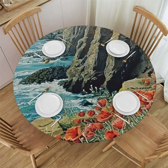 BANET Flower Round Fitted Tablecloth Cover,Coastal Seascape and Poppies on Cliffs Print Elastic Edged Polyester Fitted Table Pad, Large, Fit Round Tables, for Restaurant Banquet Party 42"-46
