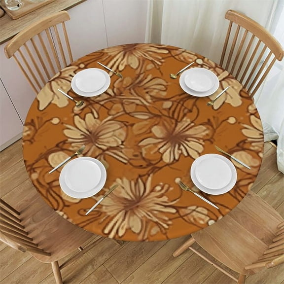 BANET Flower Round Fitted Tablecloth Cover,Floral and Herbal Motifs Print Elastic Edged Polyester Fitted Table Pad, Large, Fit Round Tables up, Protection for Your Table 31"-35