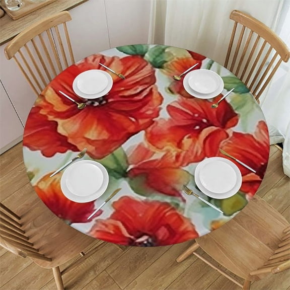 BANET Flower Round Fitted Tablecloth Cover,Floral Pattern Poppies Print Elastic Edged Polyester Fitted Table Pad, Large, Fit Round Tables, for Christmas Party Dining Banquet 42"-46