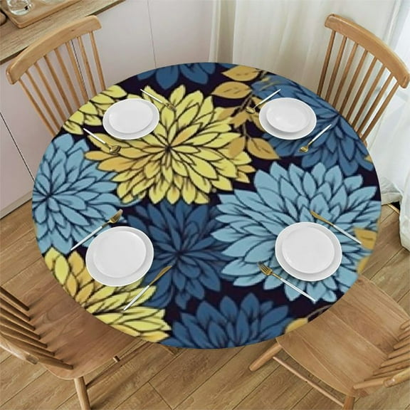 BANET Flower Round Fitted Tablecloth Cover, Pattern Petals Leaves Print Elastic Edged Polyester Fitted Table Pad, Large, Fit Round Tables, for Party Dining Banquet 38"-42