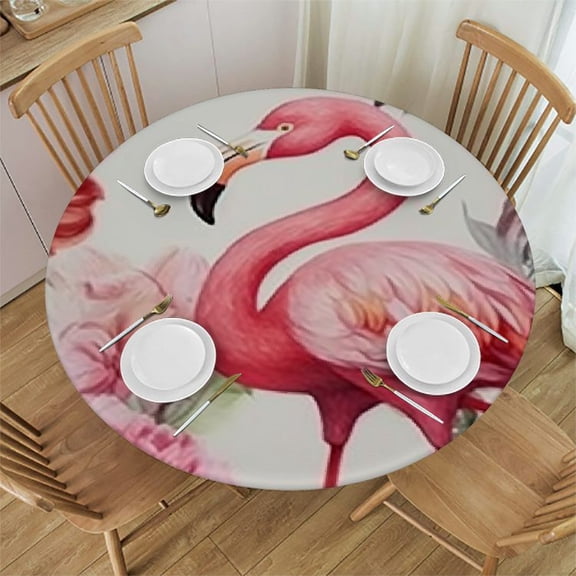 BANET Flowers Green Leaves Table Cloth Pink Flamingo Waterproof Round Tablecloth Washable Table Cover for Kitchen Outdoor Party Wedding 31"-35