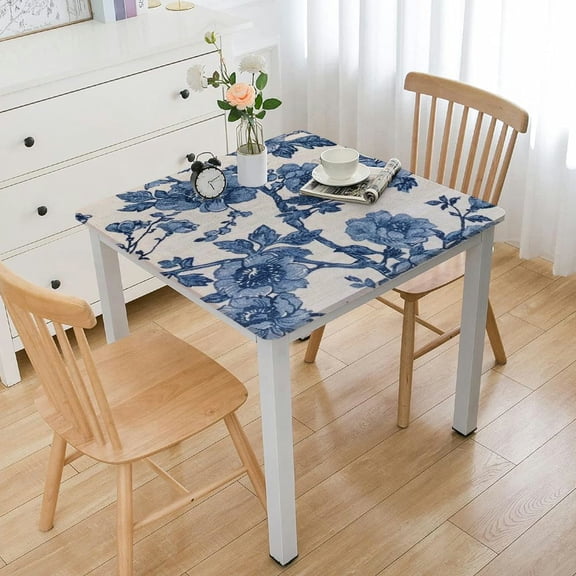 BANET French Vintage Blue Rose Floral Cotton Linen Fabric, Stitching Tassel Square Tablecloth for Kitchen | Dining | Tabletop | Decoration | Tea Party | Weddings | Farmhouse white