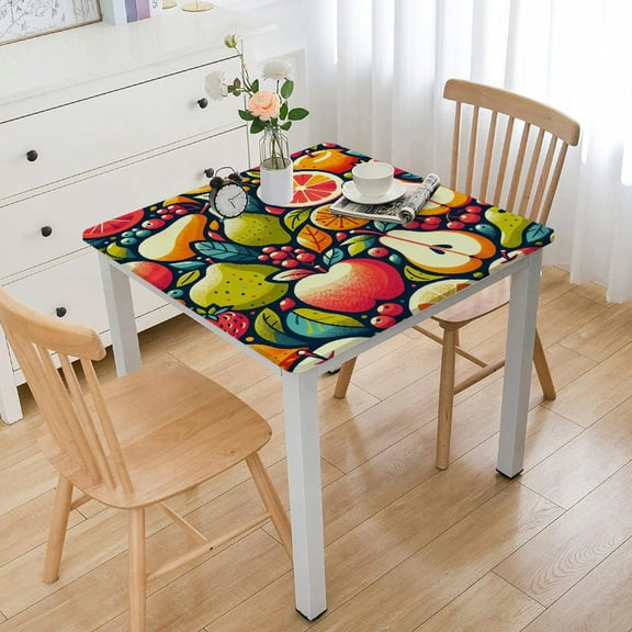 BANET Fruit square Tablecloth, Colorful Cartoon Apples and Pears Along Small Leaves Pattern in Geometric Design, Circle Table Cloth Cover for Dining Room Kitchen Decoration, Multicolor White