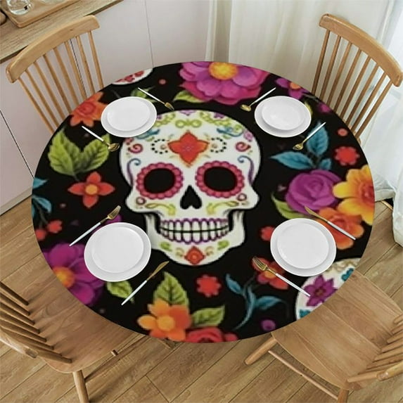 BANET Funny Sugar Skull Tablecloth, Day of The Dead Mexico Floral Print Round Table Cloth for Kitchen Dining Room Halloween Party, Black Green, Round 38"-42