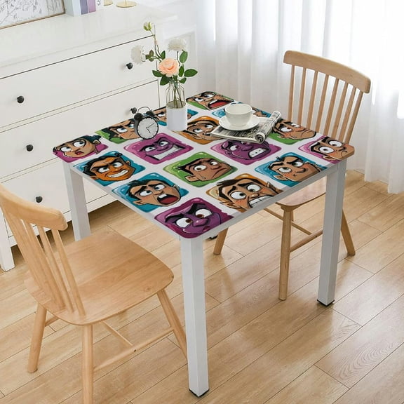 BANET  Funny Tablecloth, Digital Square Cartoon Style Smiling Face Expression Monster Comic Avatar, Rectangular Table Cover for Dining Room Kitchen Decor White