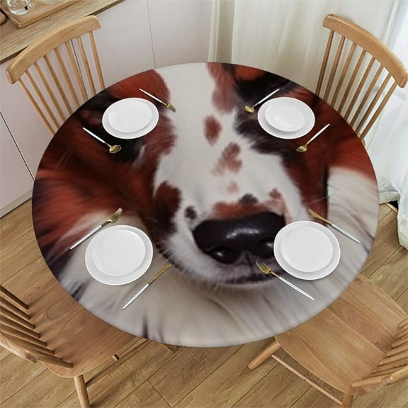 BANET Fur Tablecloth, Brown and White Cow Print Room Kitchen Table Decor,Round 31"-35
