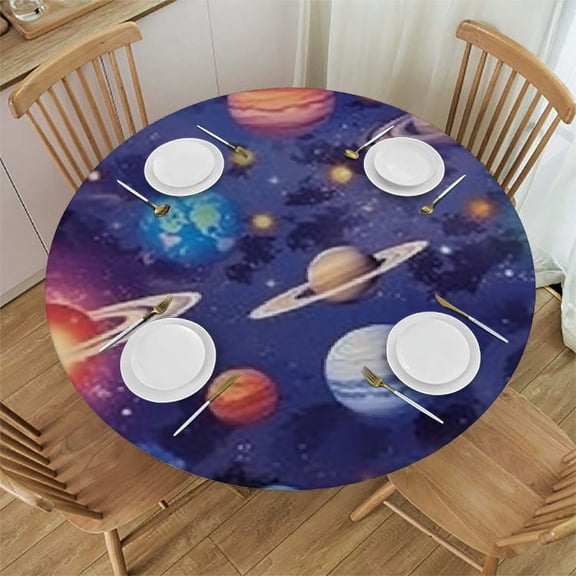 BANET Galaxy Space Tablecloth, Cartoon Astronaut Planets Stars Spaceman Cute Solar System Universe Table Cloth Cover for Home Kitchen Dining Party Patio Indoor Outdoor 42"-46
