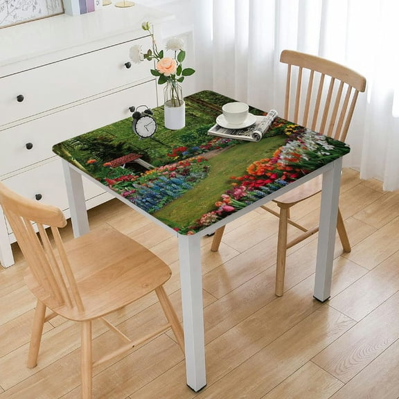 BANET Garden Tablecloth, with Forest Hut Flowerbedsnd , Dining Room Kitchen Rectangular Table Cover White