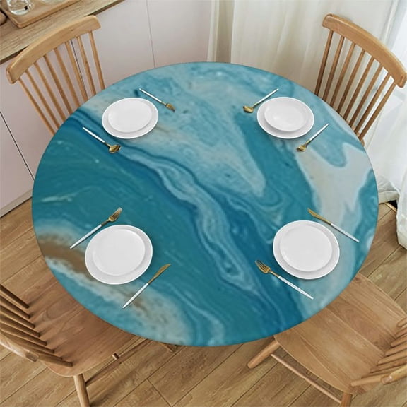 BANET Gold and Turquoise Mixed Abstract Acrylic Paint Marble Texture Art Round Tablecloth, Washable Circular Macrame Table Cloth Cover for Kitchen Tabletop Decor 54"-58