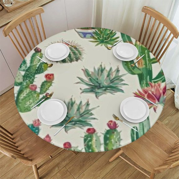 BANET Green Cactus Table Cloth Tropical Potted Plants Flowers Succulents Cartoon Art Round Tablecloth for Dining Room, Party, Banquet 42"-46