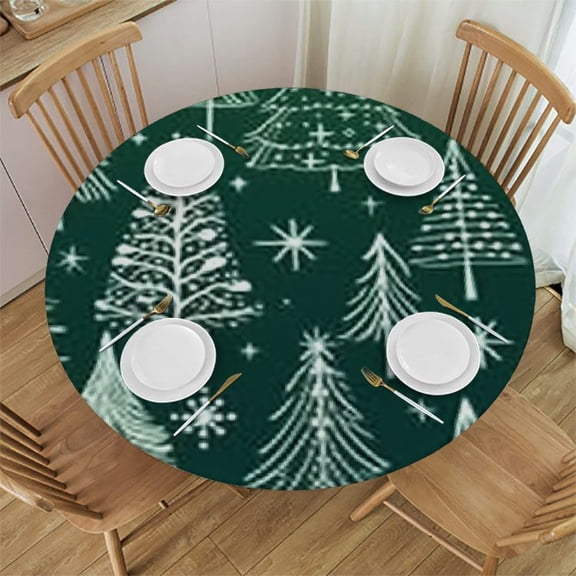 BANET Green Christmas Tree Table Cloth Round Snowflakes Reusable Tablecloth  Waterproof Outdoor Tablecloth Table Cover for Kitchen Party Picnic Dining Decor 42"-46