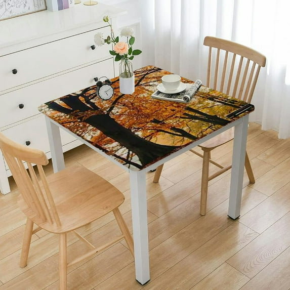 BANET Green Yellow Fitted Table Cover for Square Tables Fall Autumn Forest Vibrant Trees Print Fitted Rectangular Table Cloth with Elastic Rim,for Tables white