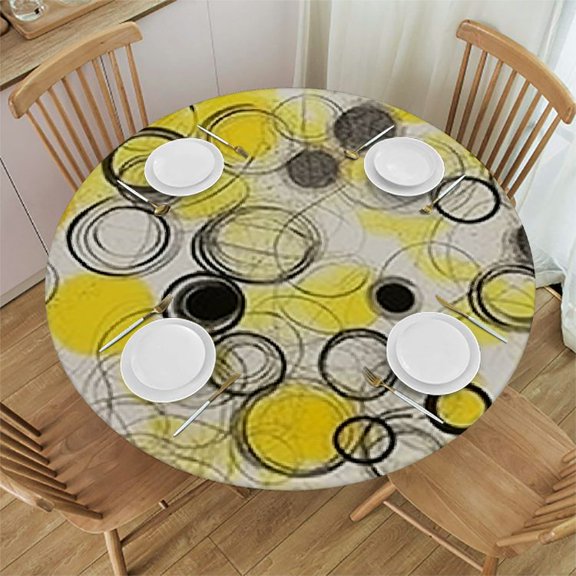 BANET Grey and Yellow Round Table Cloth, Hand Drawn Sketchy Geometrical Circles Image Illustration, Indoor Dining and Outdoor Use, Fits Round Table, White Beige 38"-42